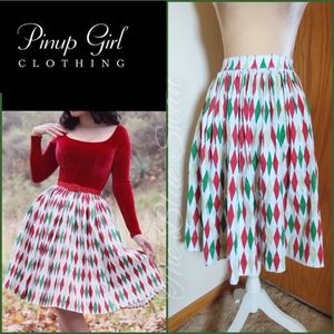 VGUC Pinup Couture Harlequin Print Jenny Skirt Special Edition Red Green Holiday